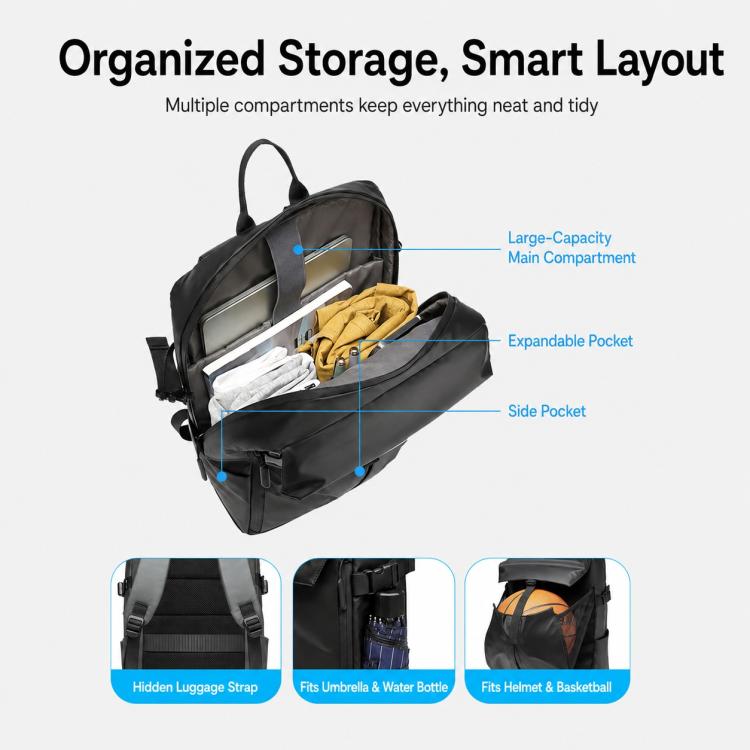 Black waterproof backpack interior with main compartment and organized side pockets