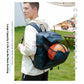 Waterproof backpack, blue with side carry handle and front pocket holding a basketball