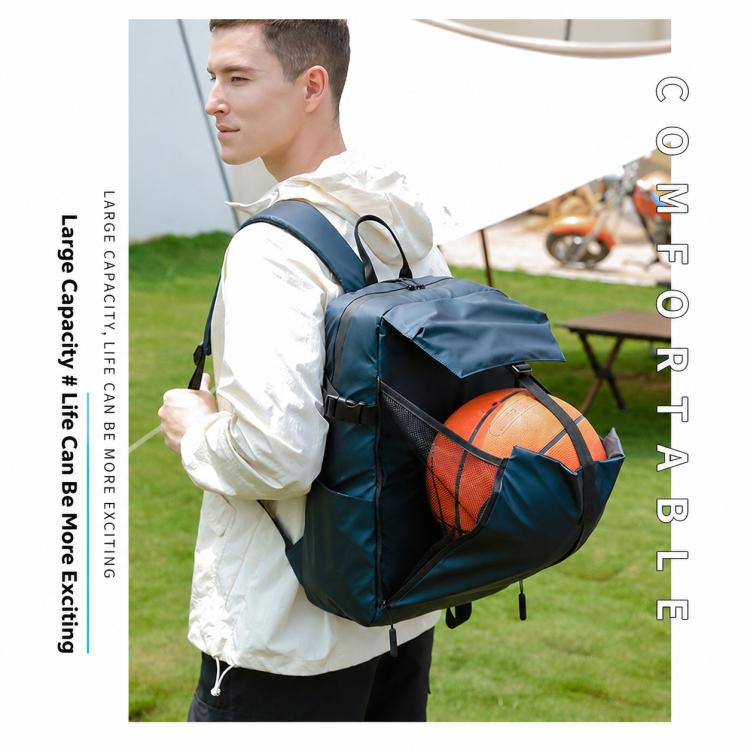 Waterproof backpack, blue with side carry handle and front pocket holding a basketball