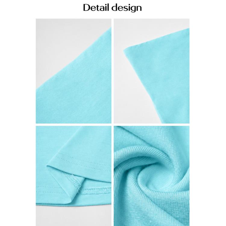 Light aqua blue knit top fabric close-up: smooth jersey and stitched hem detail.