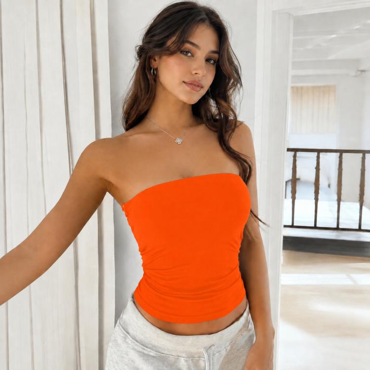 Orange strapless fitted knitted top with ruched waist