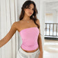 Pink strapless knitted top, ruched at waist for a close fit, backless