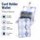 Plaid card wallet open to show stacked accordion card slots