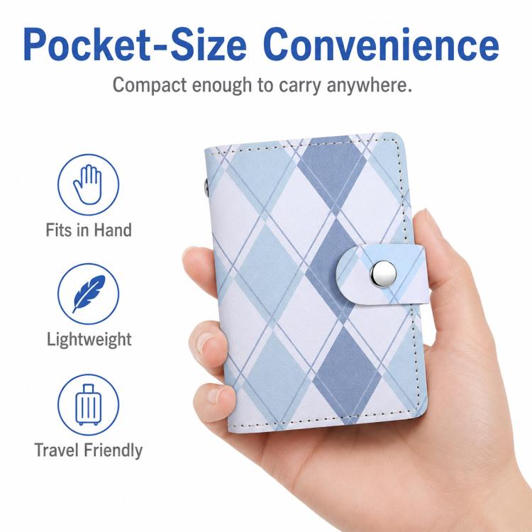 Compact plaid card wallet with snap strap, shown in a hand