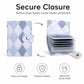 Plaid card wallet with snap closure opening to reveal protected card stack