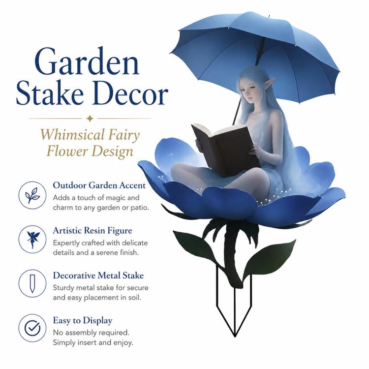Decorative garden stake showing fairy figure in blue flower with umbrella