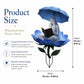 Decorative garden stake with blue fairy reading under umbrella above flower petals