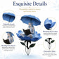 Outdoor garden stake with fairy reading under blue umbrella and layered flower base