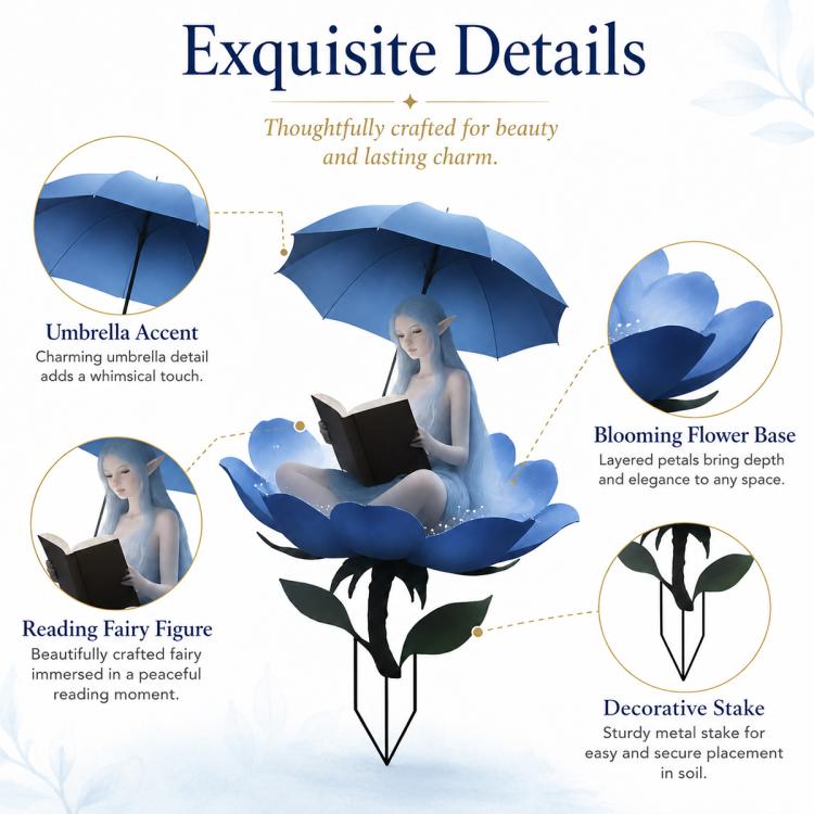 Outdoor garden stake with fairy reading under blue umbrella and layered flower base