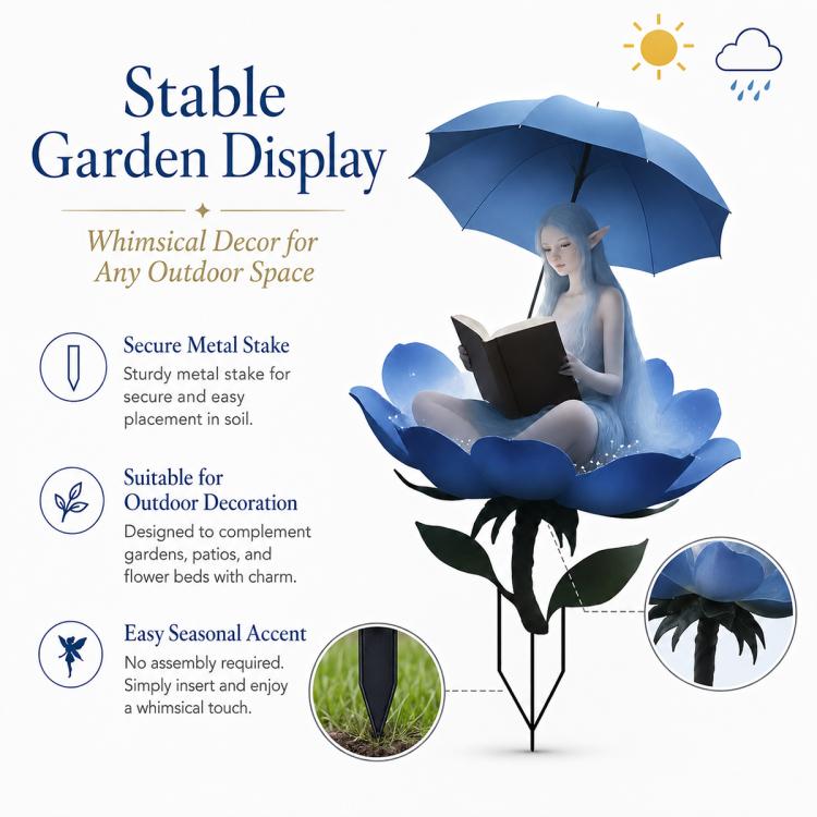 Decorative garden stake with secured metal stake holding blue fairy and umbrella