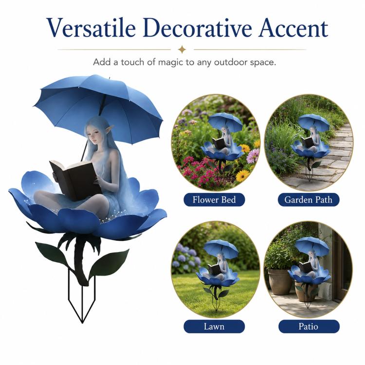 Blue fairy decorative garden stake with umbrella, book, and flower-shaped base