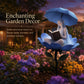 Decorative garden stake with blue umbrella fairy holding a book above flower