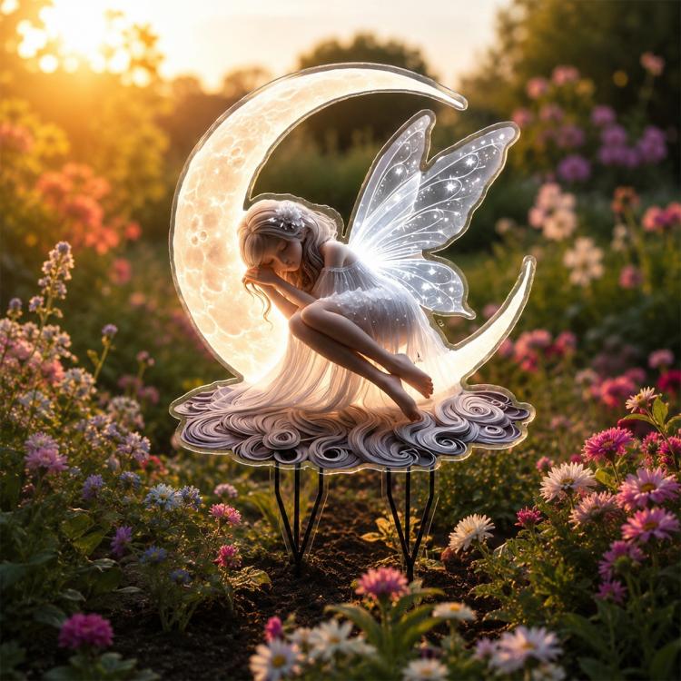 Outdoor acrylic decorative garden stake with fairy figurine and crescent moon topper