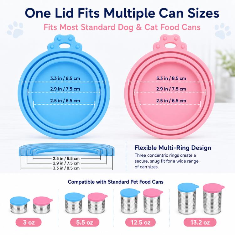 Blue and pink silicone pet food can lids with size guide rings