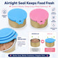 Blue and pink silicone can lids on pet food cans with tight sealing ring