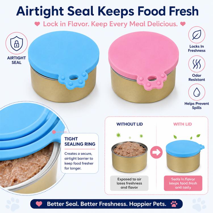 Blue and pink silicone can lids on pet food cans with tight sealing ring