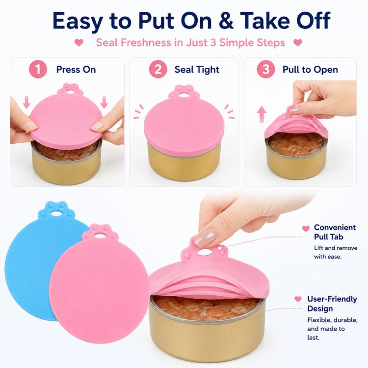 Pink silicone pet food can lid with pull tab for easy open and close