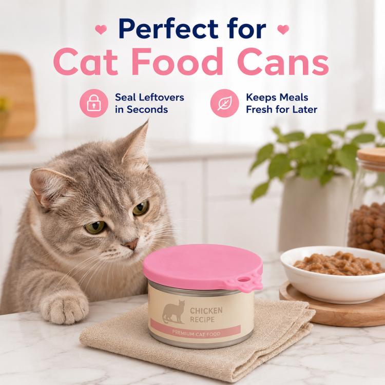 Pink silicone pet food can lid on small can with sealed paw-handle design