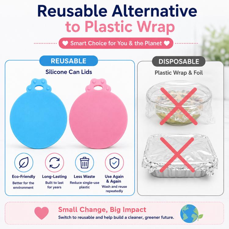 Reusable blue and pink silicone can lids, alternative to plastic wrap
