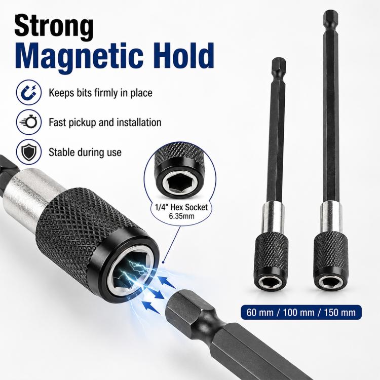 Magnetic hex quick-release extension rod set with knurled grip and socket end