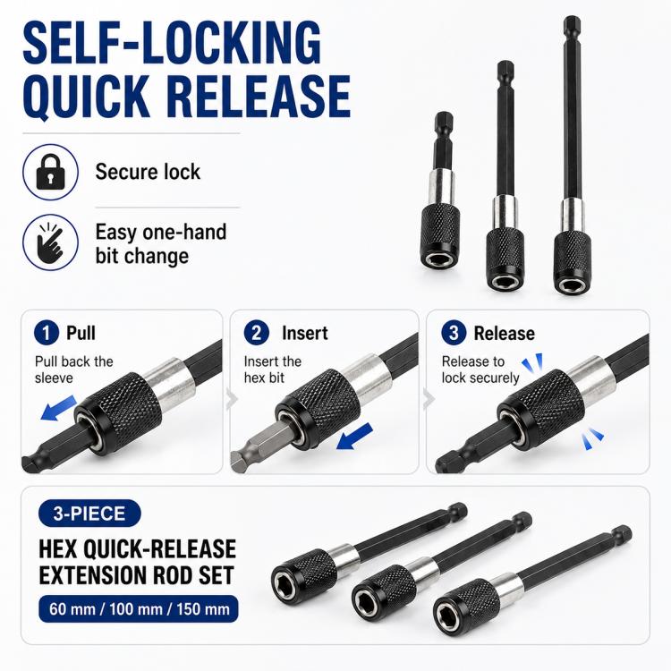 Self-locking hex quick-release extension rod set, three rods with black sleeves