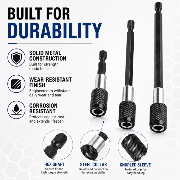 Durable metal hex quick-release extension rods with knurled grip sleeves, 3-piece set