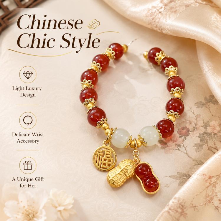 Women’s red peanut charm bracelet with gold-tone charms and white bead spacers