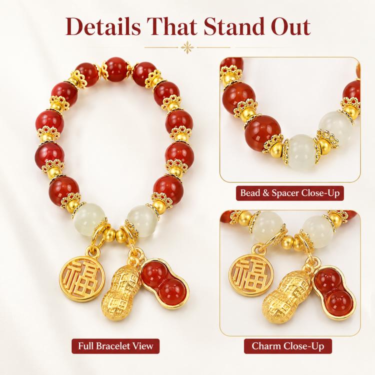 Beaded peanut charm bracelet with red beads, white spacers, and gold-tone charms