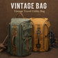 Pair of canvas travel utility backpacks in green and yellow with top handles