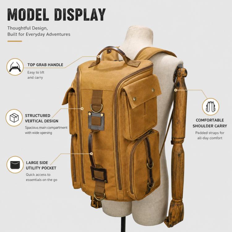 Earthy yellow canvas backpack on mannequin with padded shoulder straps and top grab handle