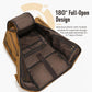 Canvas travel backpack opened flat, showing interior pockets and compartments