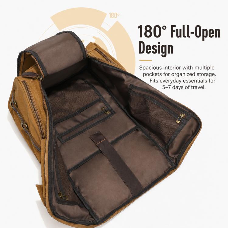 Canvas travel backpack opened flat, showing interior pockets and compartments