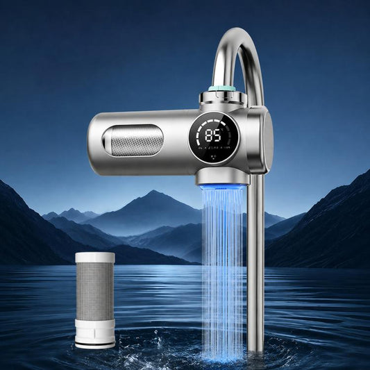 Smart water purifier faucet with blue water stream and digital display