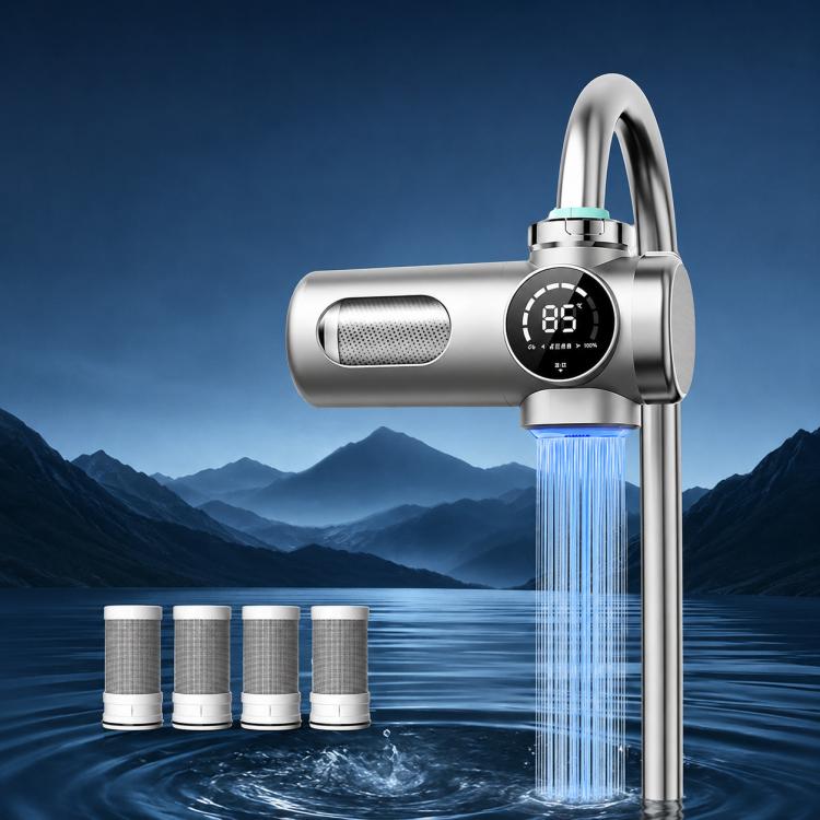 Smart water purifier faucet with multiple detachable filter cartridges and blue water flow