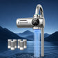 Smart water purifier faucet with several detachable filter cartridges and blue water flow
