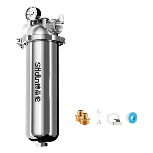 Stainless steel whole-house water pre-filter with pressure gauge and mounting hardware