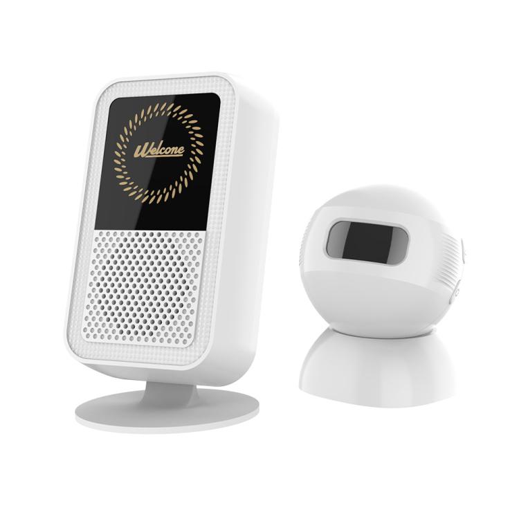 White split magnetic sensor doorbell chime with front speaker grille and round sensor unit