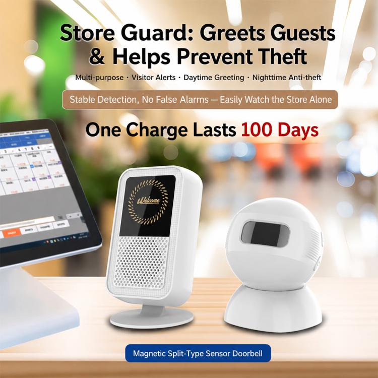 White split magnetic doorbell chime and round sensor unit, with display window on top
