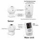 Rechargeable magnetic doorbell sensor with charging port and detachable round base; white chime