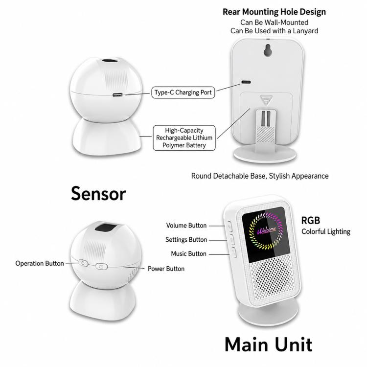 Rechargeable magnetic doorbell sensor with charging port and detachable round base; white chime