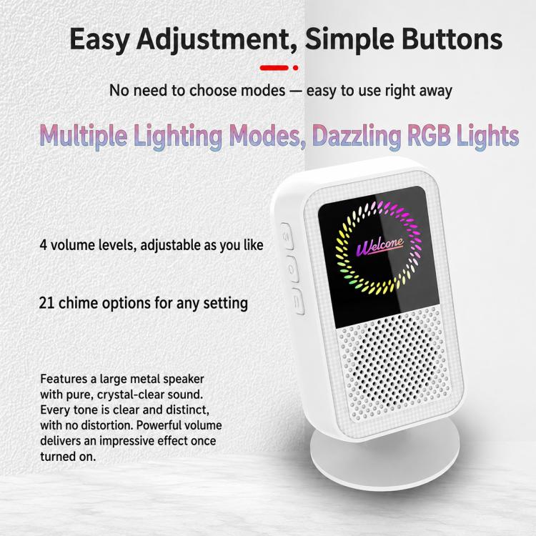 White doorbell chime with front speaker grille and multicolor ring welcome display