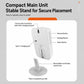 White split doorbell main unit with removable round base and side buttons, front view