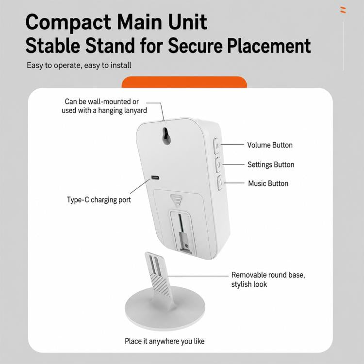 White split doorbell main unit with removable round base and side buttons, front view