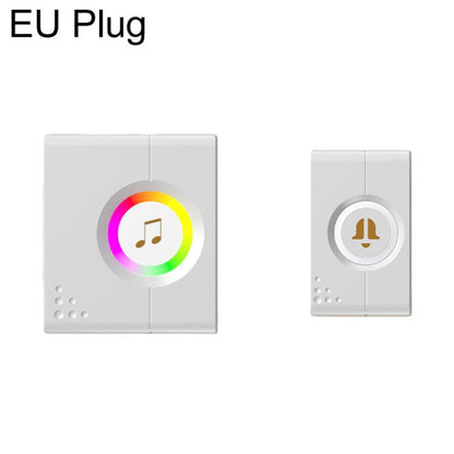 White wireless smart doorbell with EU plug, multicolor light ring, bell icon and button