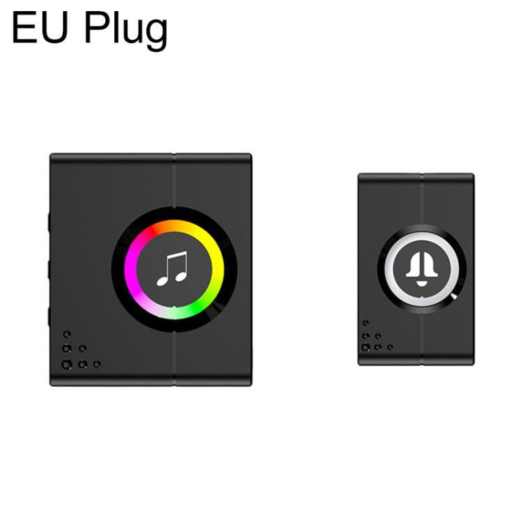 Black wireless smart doorbell with EU plug, multicolor light ring, bell icon and button