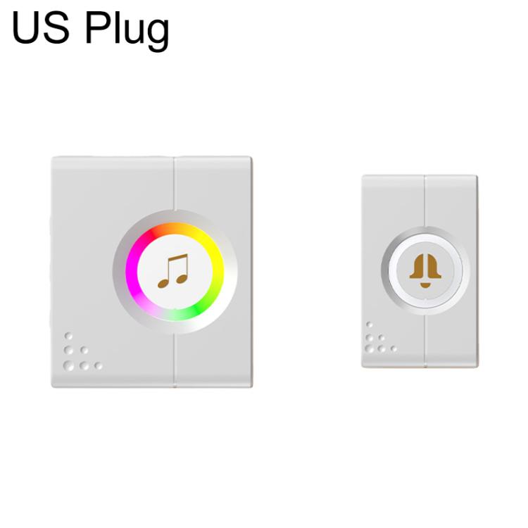 White wireless smart doorbell with US plug, multicolor light ring, bell icon and button