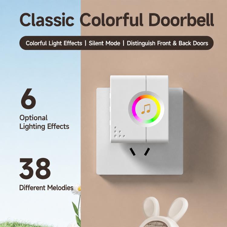 White wall-mount wireless doorbell with colorful music light ring and circular bell icon