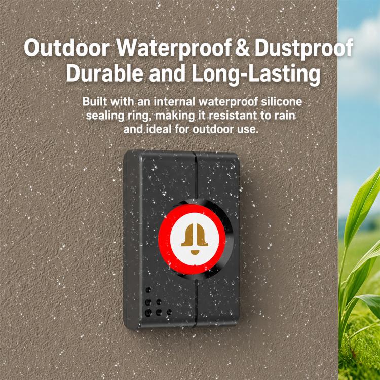 Waterproof wireless doorbell button with bell icon and red indicator