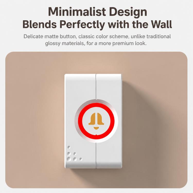 White minimalist wall doorbell with single red ring around bell icon and matte button