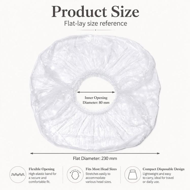 Disposable shower cap, flat round view with elastic inner opening and cap size markings